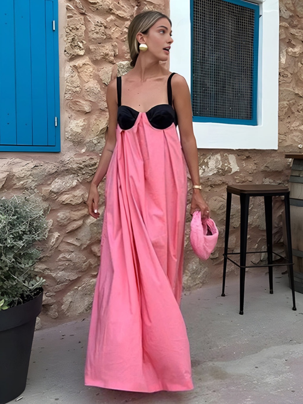 Commense Bra-Splicing Halter Strap Long Flowy Maxi Dress in Pink & Black Medium